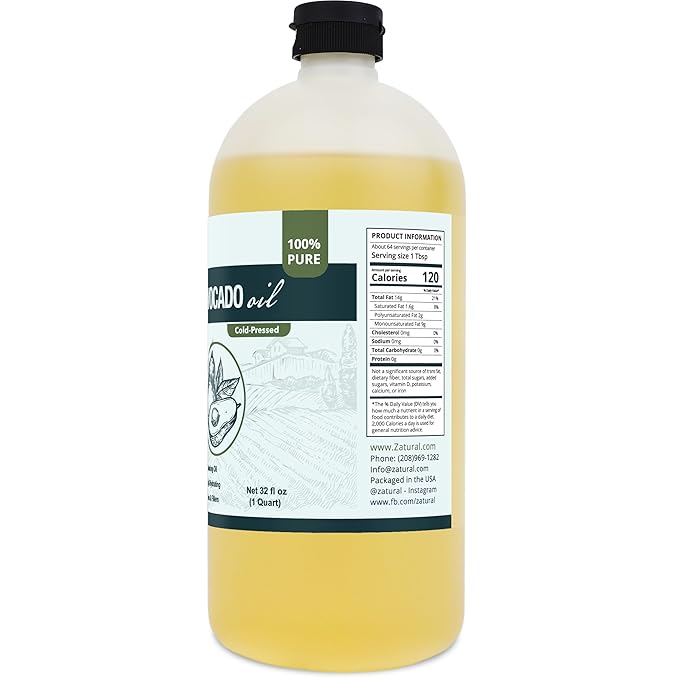 Zatural 100% Avocado Oil Pure Natural without Additives Clean Cold Pressed Non-GMO Vegan: For Cooking Frying Baking and for Sauces Dressings Marinades Salads (32 Ounce)