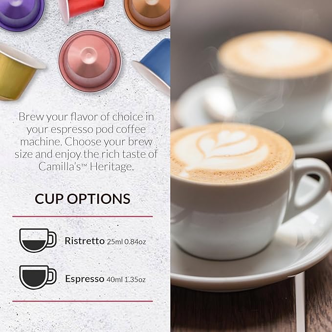 Camilla’s Heritage - Intensity 8 Flavored Espresso Coffee Variety Pack (Caribbean Spice Cinnamon Hazelnut Chocolate Caramel &amp Vanilla Espresso Cups) 60 Coffee Pods