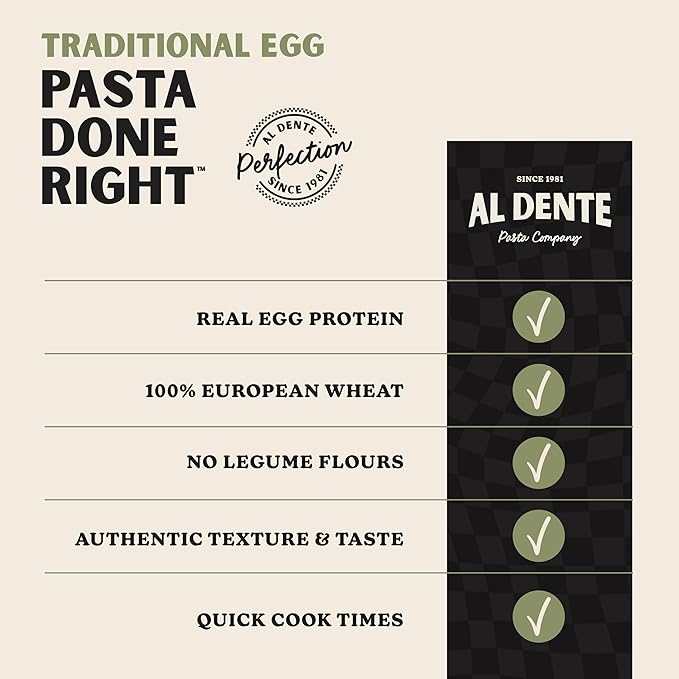 Al Dente Golden Egg Fettuccine – All-Natural Hand-Crafted Egg Pasta. Traditional Pasta Noodles Made with Cage-Free Eggs and Semolina. Great for Pastas Soups Stews. 12oz Bags (Pack of 6)