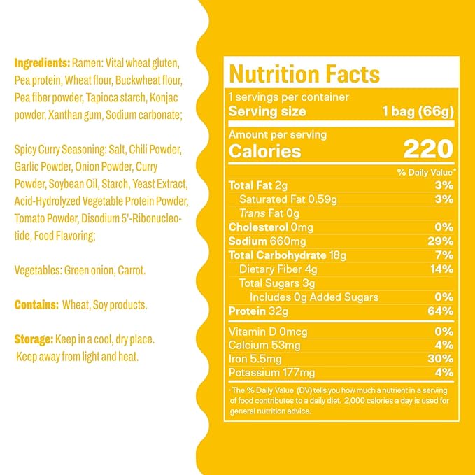 Hethstia High Protein Ramen (32g) 6-Pack Instant Pre-Packaged Ramen Noodle Spicy Curry Soup Plant-Based Vegan Non-Fried Low Fat Non-GMO Healthy Quick and Delicious Meal