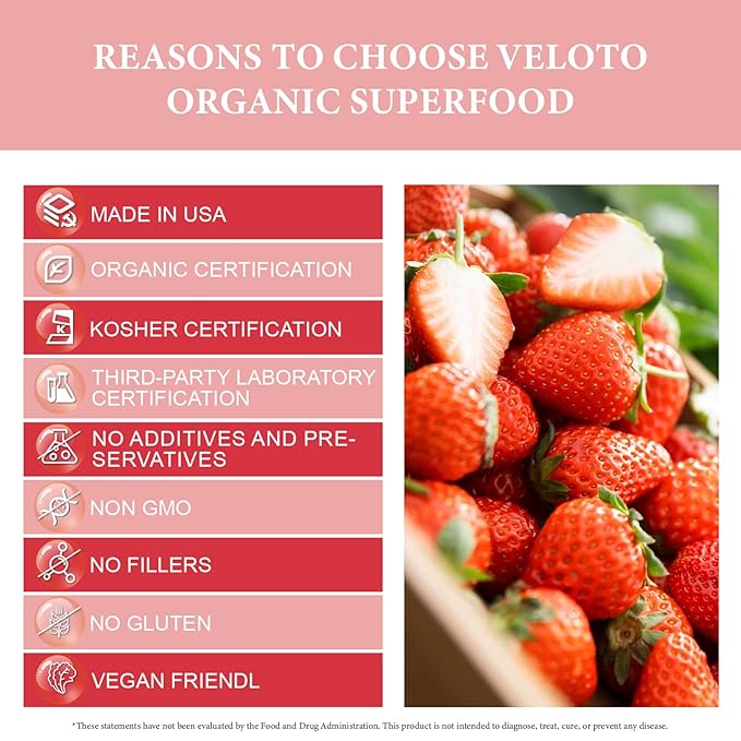 VELOTO Strawberry Powder Strawberry Fruit Freeze Dried Powder Vitamin C Supplement Natural Antioxidants Superfoods for Smoothie &amp Beverage Blend Vegan Non-GMO Gluten-Free 12 oz