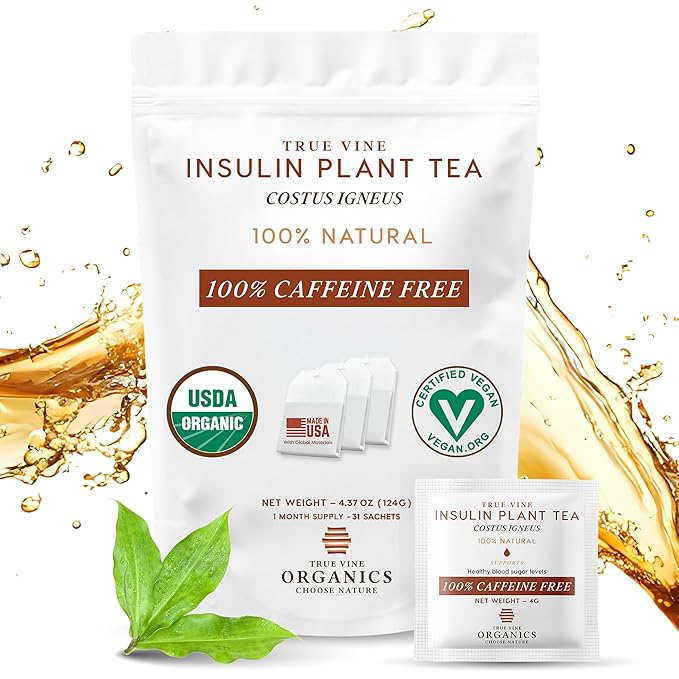 True Vine Insulin Plant Tea (USDA Organic) — Herbal Organic Tea Bags for Blood Sugar Support Digestive Wellness &amp Metabolic Balance — 100% Natural Caffeine-Free No Additives – 31 Sachets (4g Ea