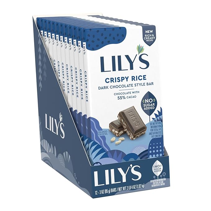 LILY'S Crispy Rice Dark Chocolate Style No Sugar Added Sweets Bars 3 oz (12 Count)