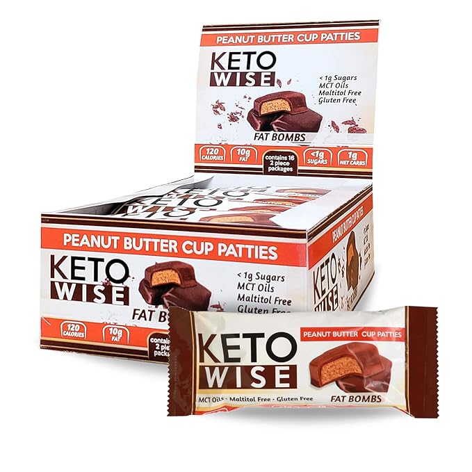Keto Wise Fat Bombs - Made with Chocolate containing MCT Oil - Low Fat Low Carb and Keto Friendly Snack - 10g Fat 1g Net Carbs | Peanut Butter Cup Patties 16 Count (Pack of 1)