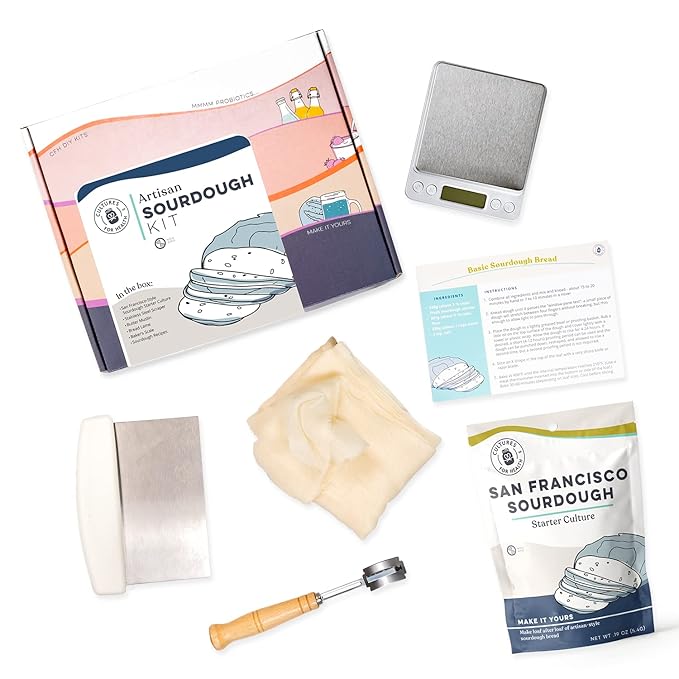 Cultures for Health Artisan Bread Making Kit | 5 Piece DIY Kit Includes San Francisco Sourdough Starter Baker's Scale Bread Lame Dough Scraper &amp Butter Muslin | Sourdough Bread Baking Supplies