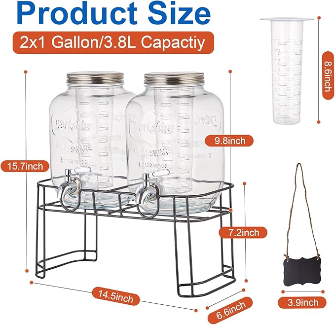 1 Gallon Glass Drink Dispensers for Parties 2PACK Beverage Dispenser with Stand Fruit Infuser and Stainless Steel Spigot 100% Leakproof Beverage Dispenser for Lemonade Sun Tea