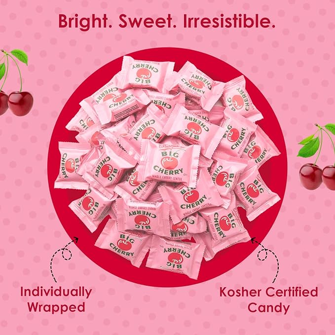 Big Cherry Candy Bars Pack of 24 - Whole Real Cherry Coated with Chocolate and Topped with Chopped Roasted Peanuts - Individually Wrapped Nostalgic/Retro Candy - Kosher Certified Delicious Candies