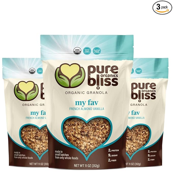 Pure Bliss Organic My FAV Granola (French Vanilla Almond) Certified Organic and Gluten Free Non-GMO Great Tasting Natural Healthy Snack Small Batch Artisan Granola Cereal Simple Satisfying Superfo