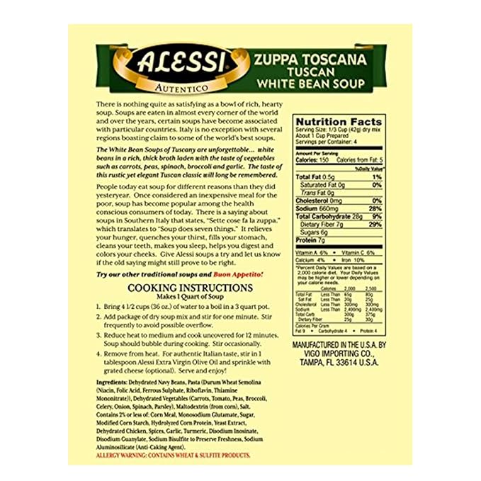 Alessi Autentico Premium Soups Traditional Flavors 6oz (Tuscan White Bean Pack of 6)