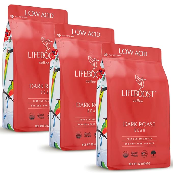 Lifeboost Dark Roast Whole Bean Coffee - Low Acid Organic Coffee Non-GMO USDA Organic Single Origin Third-Party Tested for Mycotoxins &amp Pesticides - 12 oz Pack of 3