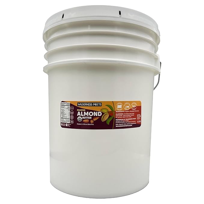 Wilderness Poets Roasted Almond Butter - Organic Smooth Creamy No Salt Unsweetened Nut Butter - Bulk Size (40 Pound - 5 Gallon)