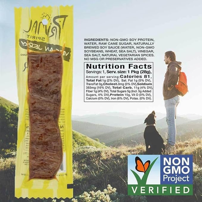 Primal Spirit Vegan Jerky – “Classic Flavor” – Texas BBQ 10 g. Plant Based Protein Certified Non-GMO No Preservatives Sports Friendly Packaging (24 Pack 1 oz)