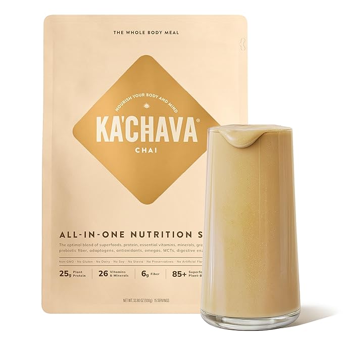 Ka’Chava Whole Body Meal Shake Chai 2 lb – Vegan Protein Powder with 85+ Superfoods &amp Greens – Plant-Based Meal Replacement with Probiotics &amp Digestive Enzymes – Gluten &amp Dairy Free (15 Se