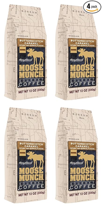 Moose Munch Butterscotch Caramel Ground Coffee – 4 Pack 12 oz Bags – Sweet Buttery Caramel Flavored Medium Roast Coffee