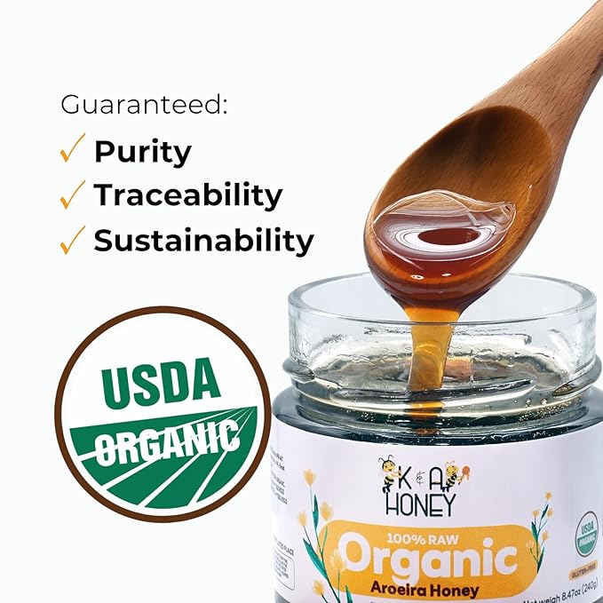 K&ampA HONEY Aroeira Blossom Organic Honey | USDA Certified Organic | Raw Premium Honey | Superfood with Unique Natural Antioxidants | Natural Sugar Alternative | 8.47 oz