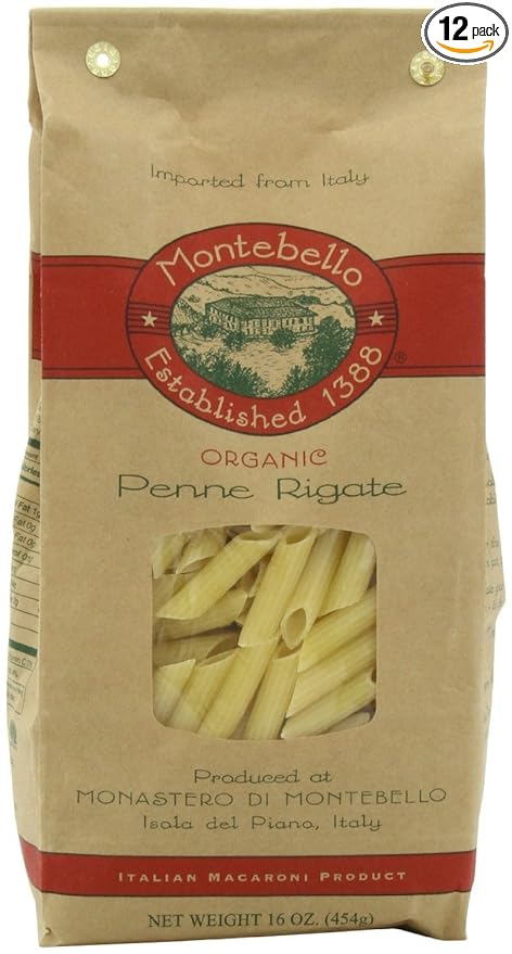 Montebello Organic Penne Rigate Artisan Pasta Non GMO 16 Ounces (Pack Of 12)