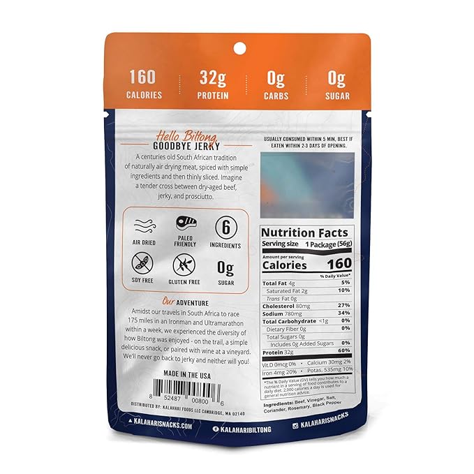 Original Kalahari Biltong Air-Dried Thinly Sliced Beef 2oz (Pack of 5) Sugar Free Gluten Free Keto &amp Paleo High Protein Snack