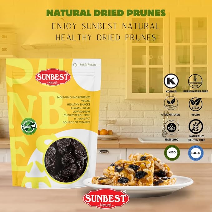 Sunbest Natural Dried Pitted Prunes 3 lbs – Unsweetened Jumbo Dried Plums – Juicy Healthy Snack Rich in Fiber &amp Potassium for Digestive Health (48oz)