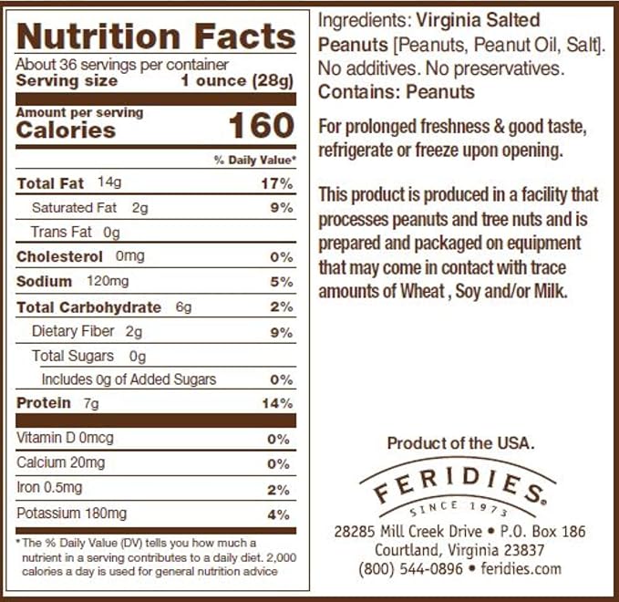 FERIDIES Extra Large Gourmet Virginia Salted Peanuts Cooked in Pure Peanut Oil No Preservatives Non-Gmo Kosher Certified - 36 Oz Tin