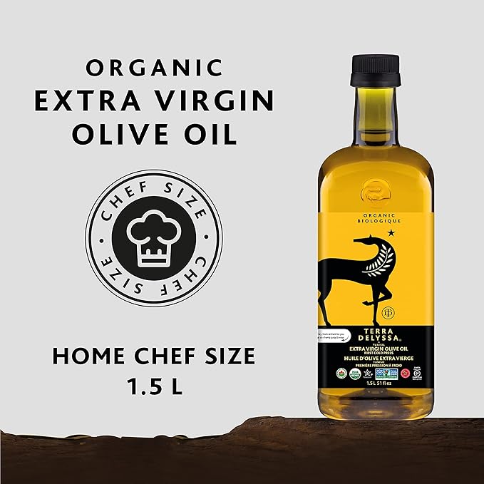 Terra Delyssa First Cold Pressed Organic Extra Virgin Olive Oil Single Sourced 1.5L Dark Plastic Bottle (51 fl. oz) - 1 Pack Certified Kosher. Non-GMO Naturally Rich in Antioxidants and Polyphenol