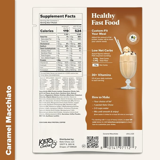 Keto Chow Caramel Macchiato | Keto Meal Replacement Shake Powder | Nutritionally Complete | Low Carb | Delicious Easy Meal Substitute | Protein Rich You Choose The Fat | 21 Meal Serving