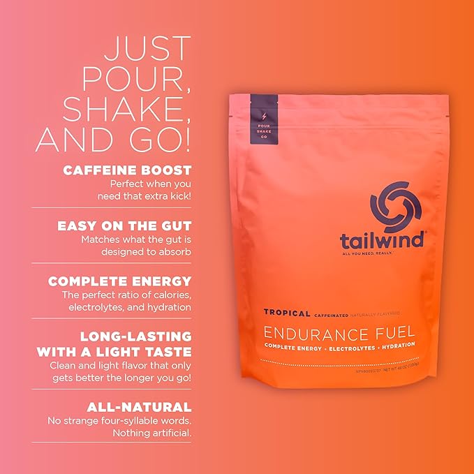 Tailwind Nutrition Endurance Fuel Carbohydrate &amp Electrolyte Sports Drink Mix Powder Gluten-Free Vegan Tropical Buzz 30 Servings (Caffeinated)