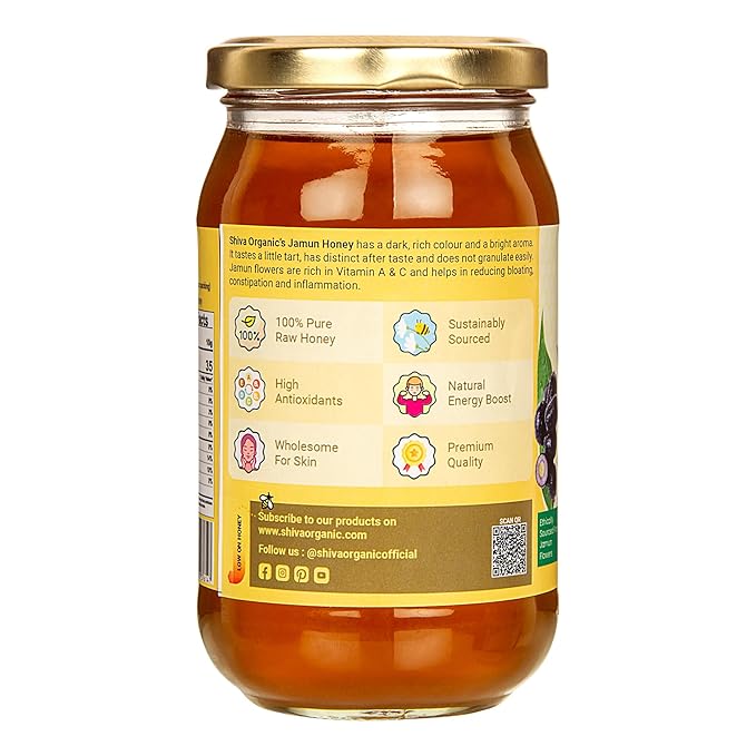 Shiva Organic's Jamun Nectar Honey - NMR Tested Natural Honey No Added Sugar Flavorful - 500g (17.63 Ounce)