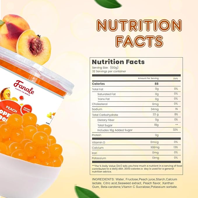 Fanale Peach Popping Boba Pearls Vegan Non GMO Gluten Free Fat Free Perfect for Bubble Tea Smoothies Ice Cream Desserts and Beverages | FPB010