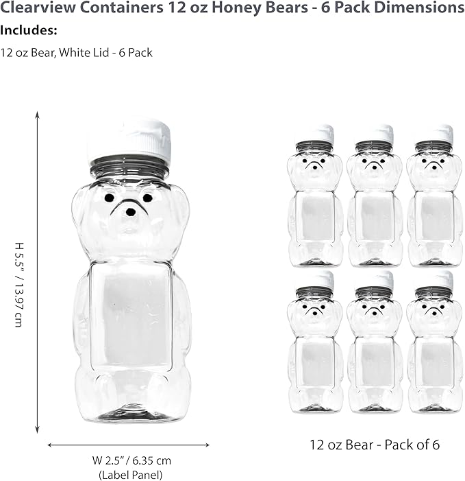 12 Ounce Clear Plastic Squeezable Honey Bears with Sealable Flip Top Lids - BPA Free Hand Wash Only (White 6 Pack)