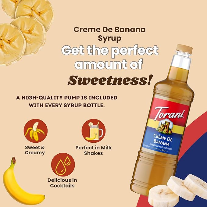 Torani Crème De Banana Syrup 1 Liter Bottle with Pump – Premium Banana Flavoring with Pure Cane Sugar &amp Natural Ingredients for Coffee Cocktails Desserts Smoothies &amp More