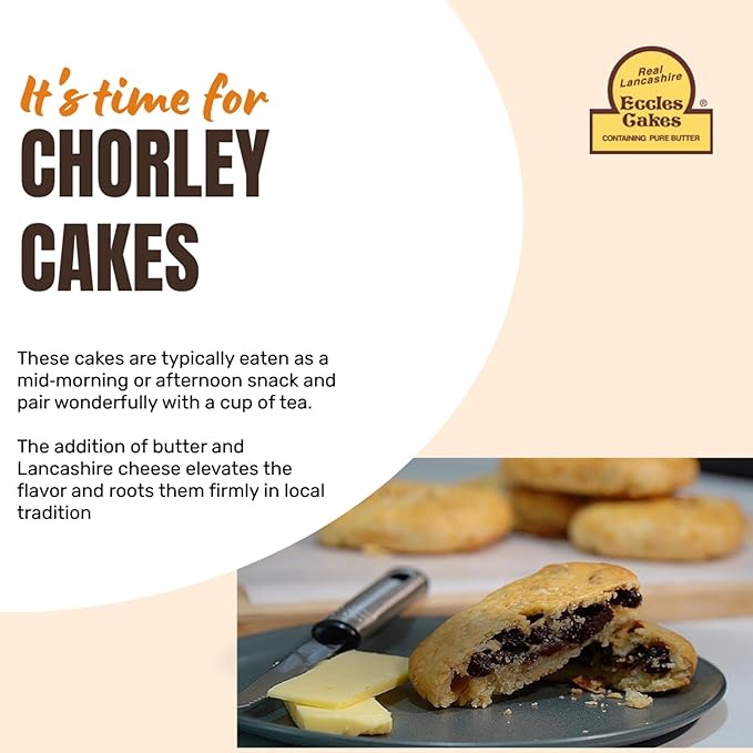 Real Lancashire Chorley Cakes | Infused with Pure Butter &amp Currants in Shortcrust Pastry | Delicious British Fly Pie | Tasty Addition to Tea Time or Snack Break | 9.17 Oz | 4 Cakes (Pack of 4)
