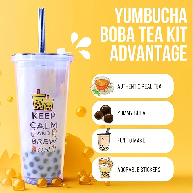 YUMBUCHA Instant Boba Making Kit - A Complete Set for Boba Tea Lovers - 30 Drinks Reusable Cup &amp Straw Tapioca Pearls and Loose Leaf Teabags - Rose Oolong Jasmine Green Classic Black