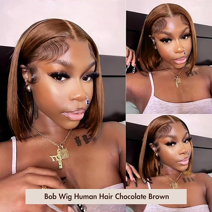 Bob Wig Human Hair 13x4 Chocolate Brown Lace Frontal Wigs Human Hair Straight Short Bob Wigs for Black Women 100% Human Hair Wig Pre Plucked Brown Color 10 Inch