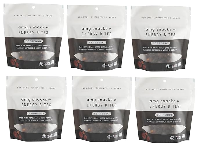 AMG Snacks Espresso Energy Bites | 4.3 oz Pack of 6 (72 Bites Total) | Date and Nut Energy Snacks Protein Bars | Non GMO Gluten Free Vegan Protein Bites | Made with All Natural Ingredients