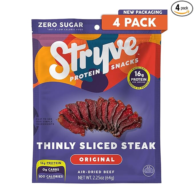 Stryve - Better Than Jerky Steak Snacks Protein Rich Beef Biltong | 36g Protein Sugar Free Carbs Free Gluten Free Dairy Free Keto &amp Paleo Friendly | Original Pack Of 4