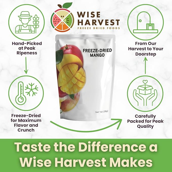 Wise Harvest Freeze-Dried Mangoes – Five 1oz Packs | Single Ingredient Snack | 100% Real Fruit No Sugar Added Just Crunch | Healthy Vegan Gluten-Free Snack for Kids &amp Adults