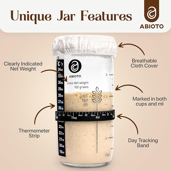 Sourdough Starter Kit Includes 24 oz Sourdough Starter Jar with Metallic Lid Silicone Spatula Feeding Tracker Extra Thermometer Strips &amp Breathable Covers - Sourdough Bread Starter Kit