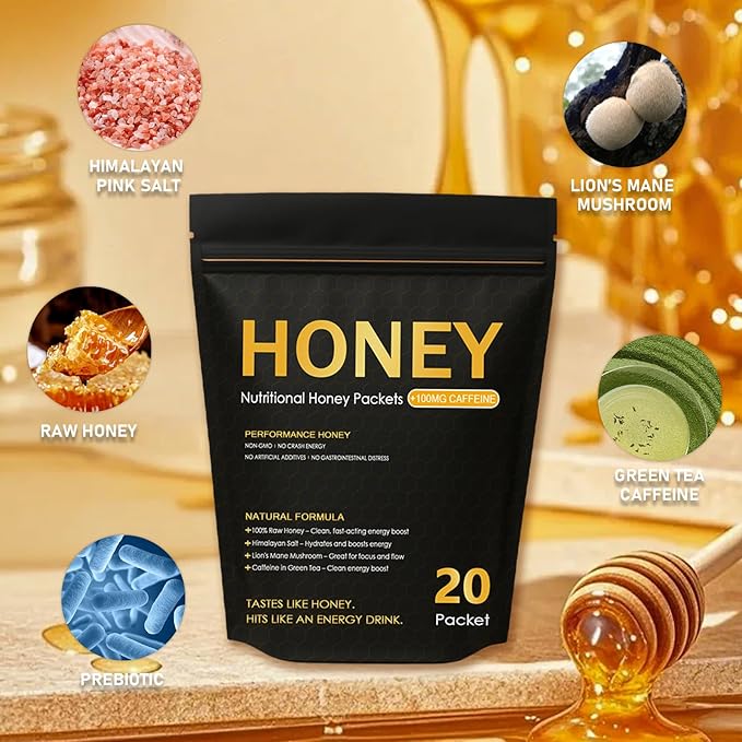 Nutrition Honey Packets - Nutritional Raw Honey 100mg Caffeine With Lions Mane Mushroom Green Tea Caffeine Himalayan Salt Boost Energy &amp Keeps Focused 100% Natural