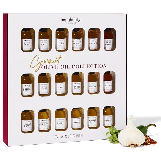 Thoughtfully Gourmet Olive Oil Sampler Gift Set Includes Uniquely Flavored Extra Virgin Cold Pressed Spanish Olive Oil Flavors Include Garlic Chili Chipotle and More Pack of 18