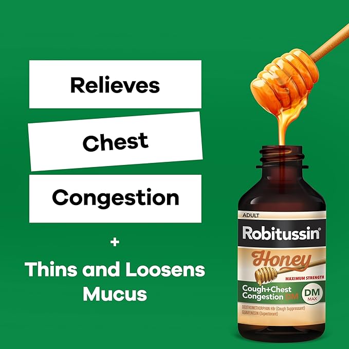 Robitussin Maximum Strength Honey Cough Plus Chest Congestion DM Cough Medicine for Cough and Chest Congestion Relief Made with Real Honey for Flavor - 8 Fl Oz x 2