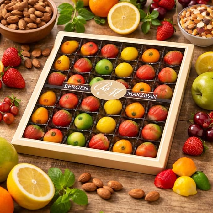 Bergen Marzipan 36 Piece Assorted Fruit Box Tray
