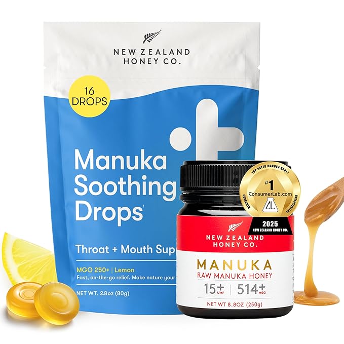 New Zealand Honey Co. Manuka Soothing Drops Lemon MGO 250+ (16 Count) + Raw Manuka Honey UMF 15+ MGO 514+ (8.8oz/250g)