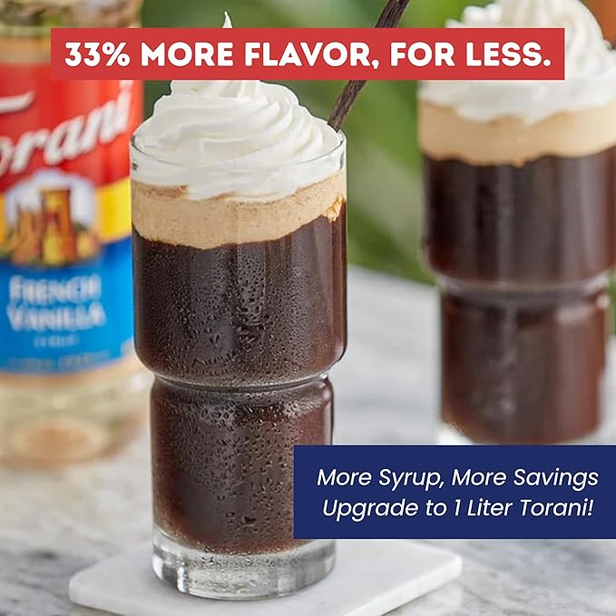 Torani French Vanilla Coffee Syrup 1 Liter Bottle with Pump Dispenser – Flavored Syrup with Pure Cane Sugar &amp Natural Ingredients – Perfect for Lattes Teas Cocktails &amp Desserts