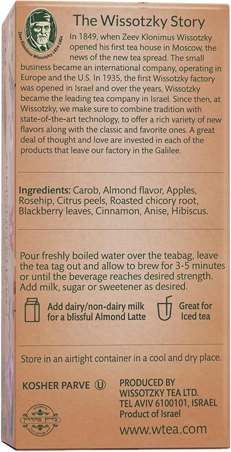 Wissotzky Almond Charm Tea Bags (4 Pack - 20 bags each) Caffeine Free Infused With Premium Fruit &amp Herbal Tea Leaves “AKA Chemdat Hashaked”