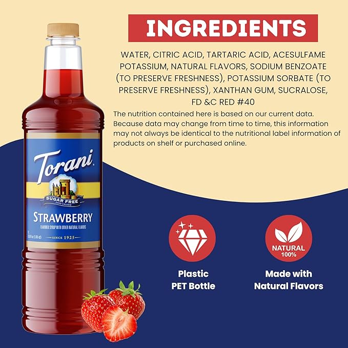 Torani Sugar Free Strawberry Syrup 1 Liter Bottle with Pump – Zero Calorie Keto-Friendly Drink Flavoring for Coffee Cocktails Mocktails Sodas &amp Desserts – No Sugar Low Carb Beverage Enhancer