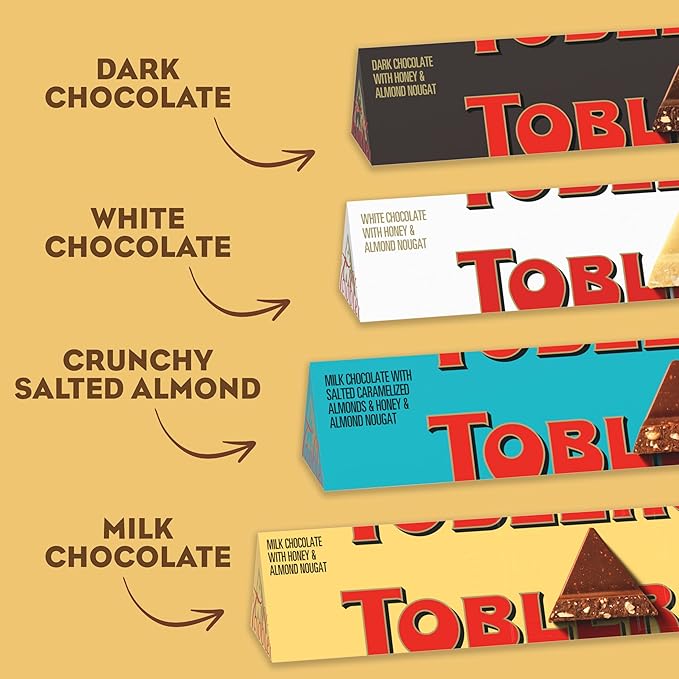 TOBLERONE Assorted Chocolate Bars Variety Pack (Milk Dark White &amp Salted Caramelized Almonds) Bulk Chocolate 12 - 3.52 oz Bars