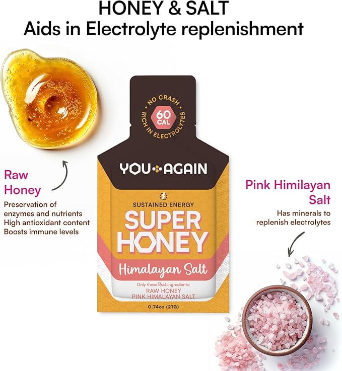 You Again Super Honey Clean Energy Gel Honey &amp Himalayan Salt | Electrolyte Replenishment Running Fuel | Endurance Workouts &amp Cycling Gel | Paleo &amp Carnivore Snack | Gluten-Free | USA Mad