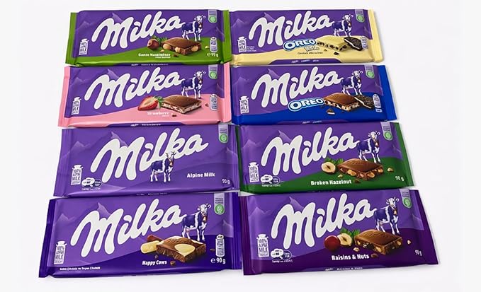 Milka European Chocolate Bars Variety Pack of 8 Full Size Bars No Duplicate Chocolate
