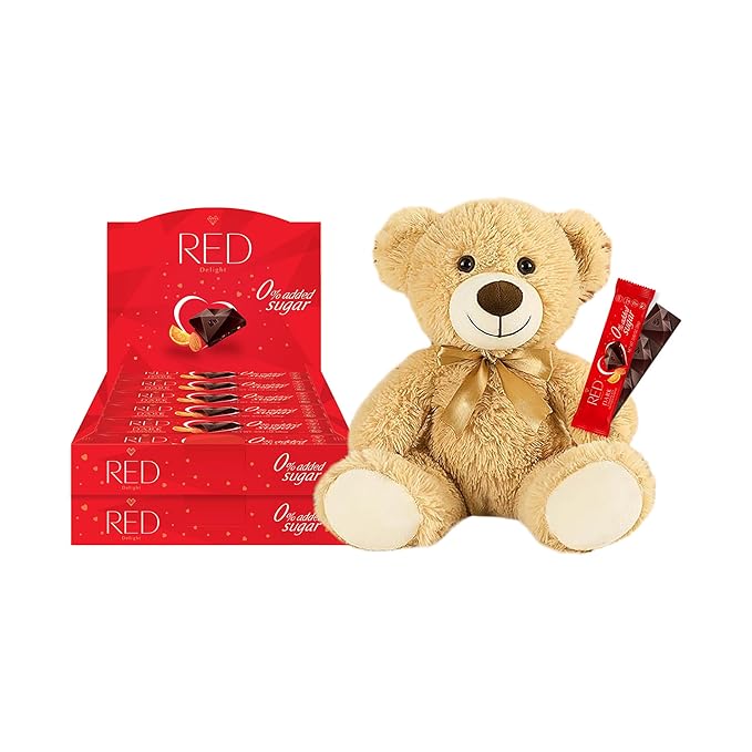 RED Delight®™ Orange and Almond Dark Chocolate 12 Count Box of Grab N Go Travel Size Bars (0.92 Ounces Each) (2 Boxes - Total of 24 Bars + 14 Plush Teddy Bear)