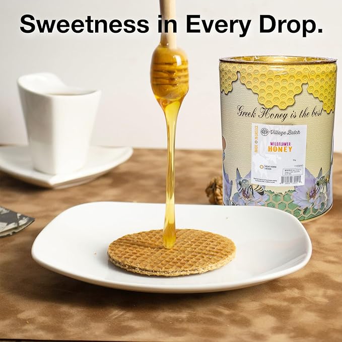 Village Batch Raw Organic Wildflower Honey Bulk 11 lb. (Pack of 1) Organic and Unpasteurized Authentic Greek Honey from Mount Mainalon Rich and Floral Perfect for Cooking Baking and Sweetening
